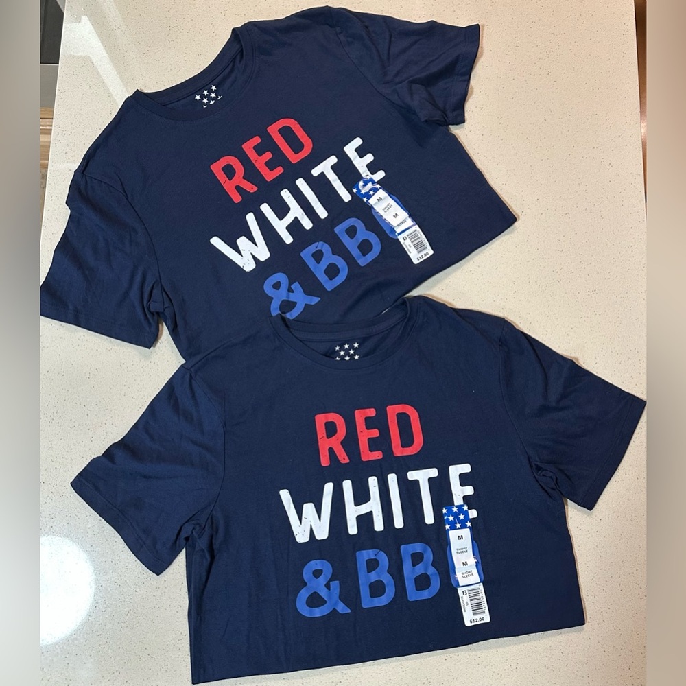 Americana pack of 2 Unisex Red, White & BBQ 4th of July Novelty T Shirts NWT